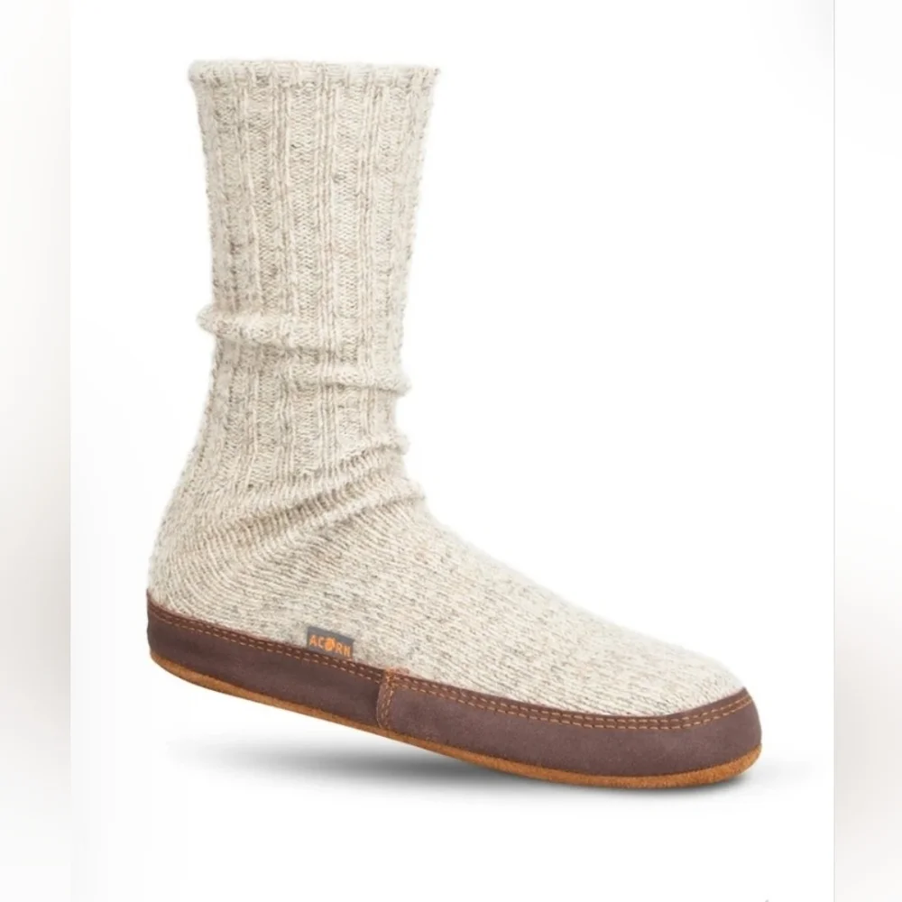 Acorn Original Slipper Sock Gray Ragg Wool Suede Sole Ribbed Knit Unisex Slipper - Picture 2 of 13